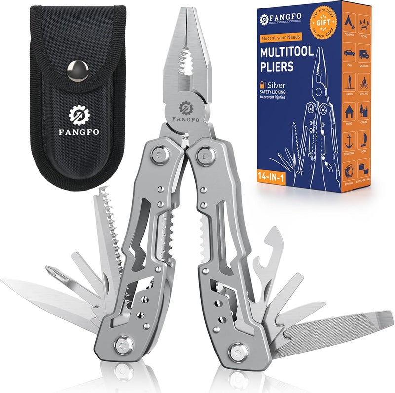 fangfo 14-In-1 Multitool Pliers，Premium Portable Multi Tool ，with Safety Locking Professional Stainless Steel Multitool Pliers Pocket Knife,Apply to Survival, Camping, Gifts for Dad Husband Boyfriend - Image 1